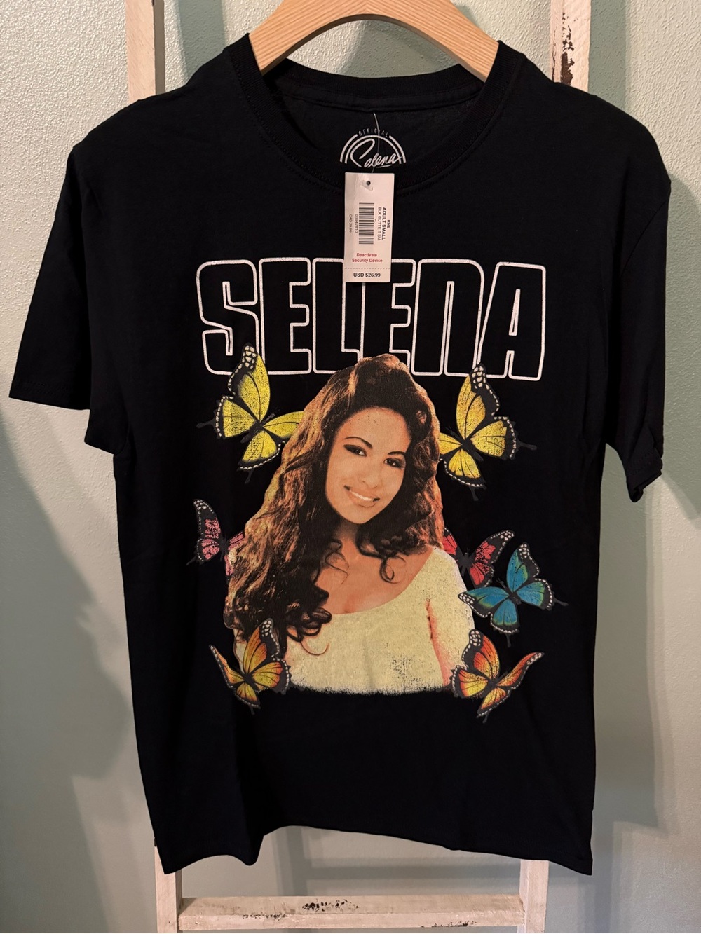 NWT Black Selena Graphic Tee Colorful Butterfly Print Song List Size S